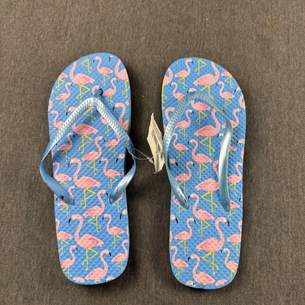 New Womens Flamingo Print Flip Flops Blue Pink Summer Beach Sandals Size M 7/8